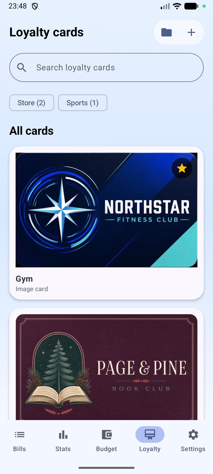 Loyalty cards organized in Billiary on Android