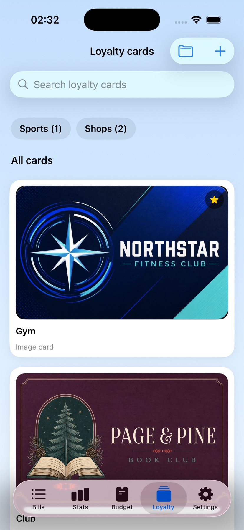 Loyalty cards organized in Billiary on iOS
