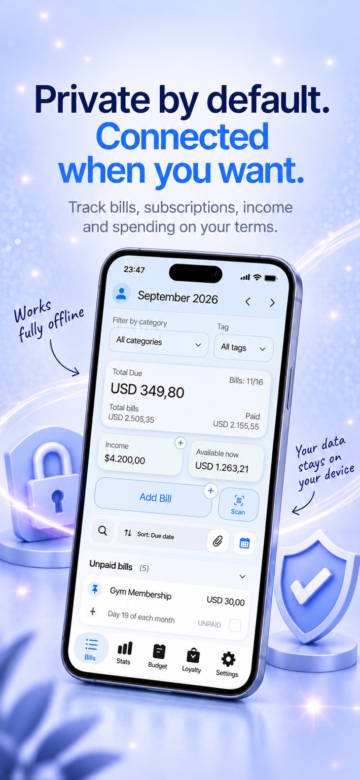 Billiary works fully offline and connects only when requested