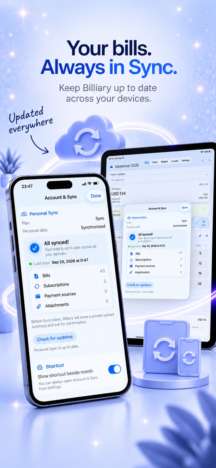 Billiary Personal Sync shown on phone and tablet